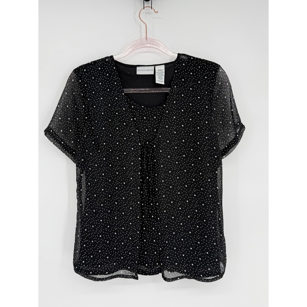 Jaclyn Smith Woman's Black Polka Dot Chiffon Lined V-Neck Blouse Sz Small